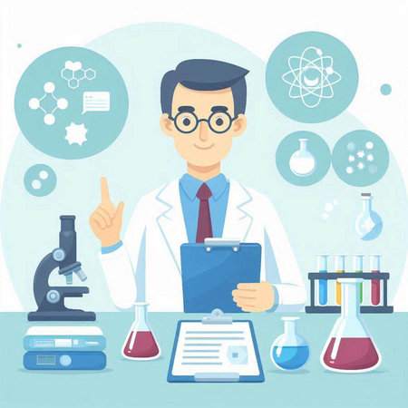 Scientist working in laboratory. Vector illustration in flat cartoon style.のイラスト素材