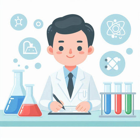 Scientist writing on clipboard in laboratory. Vector illustration in flat styleのイラスト素材
