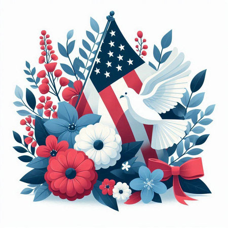 American flag with white dove and flowers. Vector illustration for Independence Day.のイラスト素材