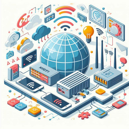 Isometric cloud computing concept with internet of things and wireless connection symbols vector illustrationのイラスト素材