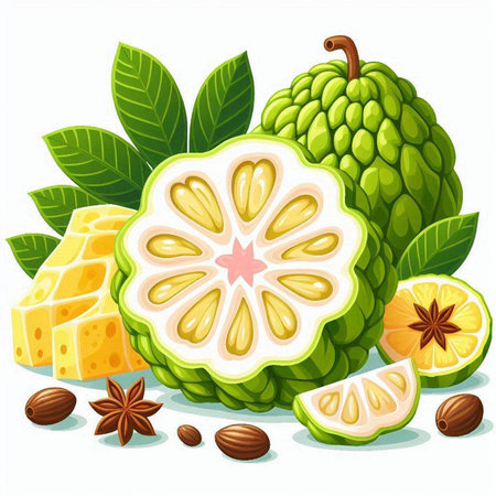 Illustration of a Custard apple and other fruits on a white backgroundのイラスト素材