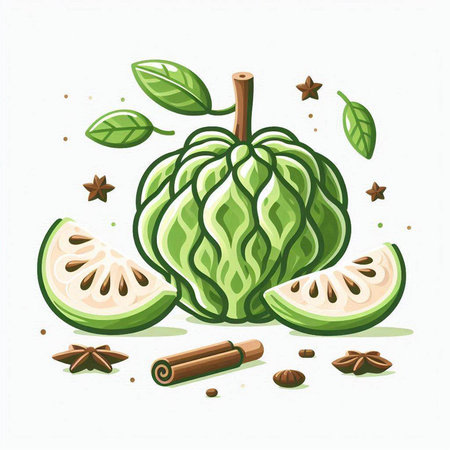 Custard apple, cinnamon, star anise. Vector illustration.のイラスト素材