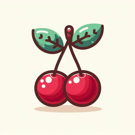 Cherry vector illustration. Cute cartoon berry with green leaves.のイラスト素材