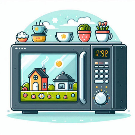Illustration of an open microwave with different home related objects on a white backgroundのイラスト素材
