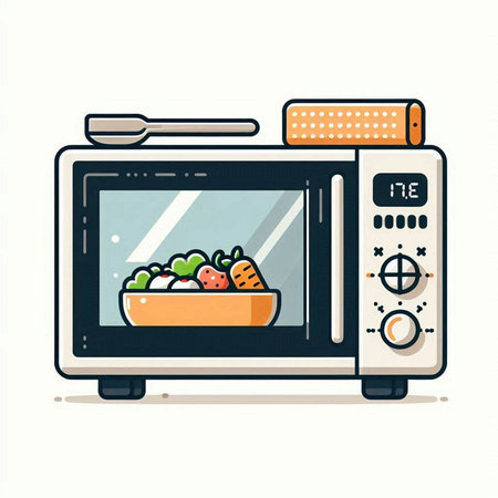 Microwave oven with vegetables. Vector illustration in flat style.のイラスト素材