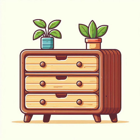 Wooden chest of drawers with plants. Vector cartoon illustration.のイラスト素材