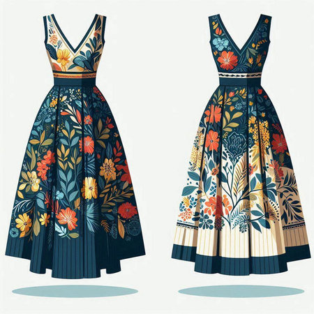 Fashionable women's dresses with floral pattern. Vector illustration.のイラスト素材