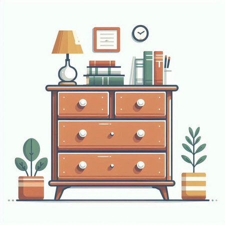 Vector illustration of a shelf with books, lamp and houseplant.のイラスト素材