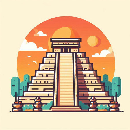 Ancient Mayan pyramid. Vector illustration in flat style. Mexico.のイラスト素材
