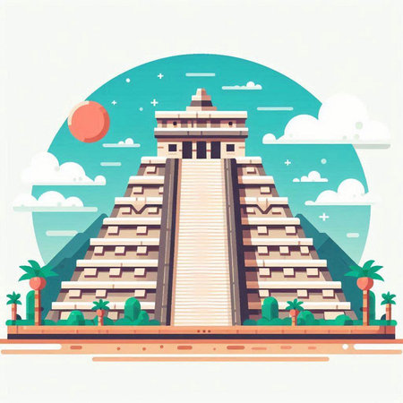 Chichen Itza pyramid flat vector illustration. Mexico ancient landmark.のイラスト素材