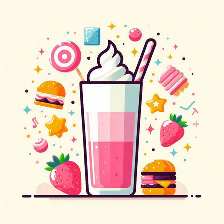 Vector illustration of a glass of strawberry milkshake with sweets.のイラスト素材