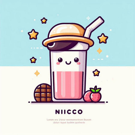 Cute milkshake with a straw and a hat. Vector illustration.のイラスト素材