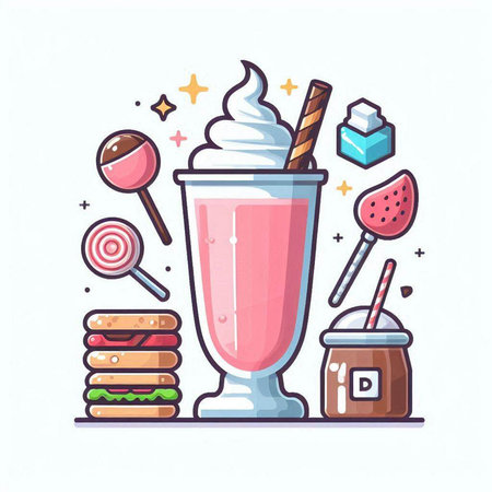 Milkshake and sweets in a glass. Vector illustration in cartoon style.のイラスト素材
