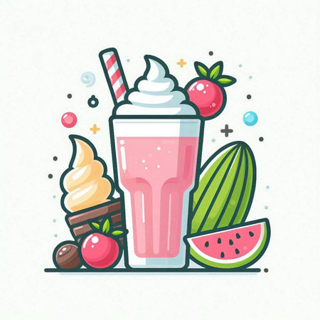 Milkshake with ice cream, strawberries, watermelon and mint. Vector illustration.のイラスト素材