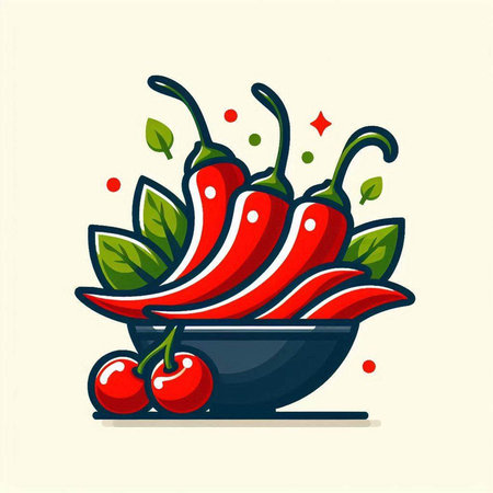 Chilli pepper in a bowl with cherries. Vector illustration.のイラスト素材