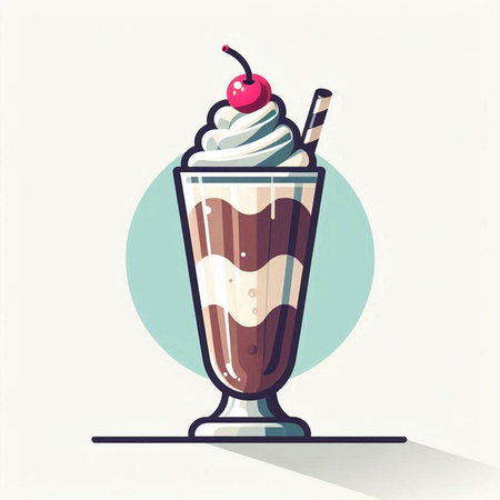 Chocolate milkshake with whipped cream and cherry. Vector illustration.のイラスト素材