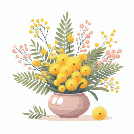 Bouquet of mimosa flowers in vase. Vector illustration.のイラスト素材