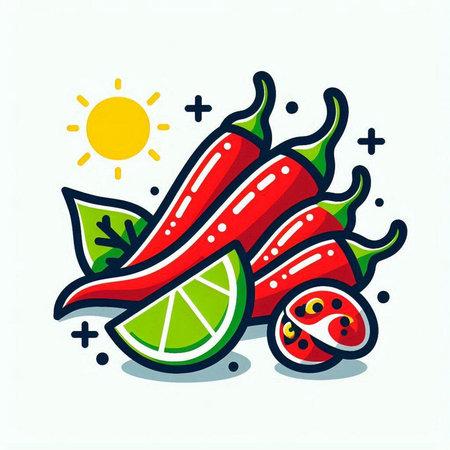 Red hot chili pepper and lime. Vector illustration in cartoon style.のイラスト素材