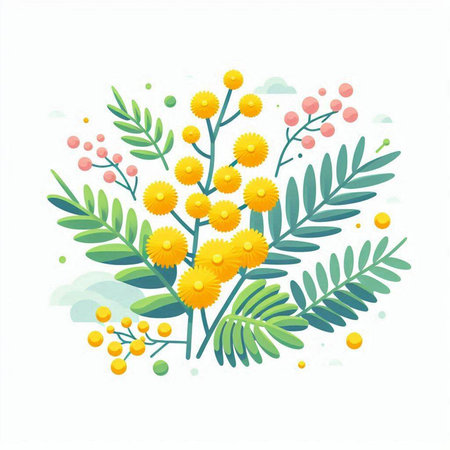 Mimosa flowers and leaves isolated on white background. Vector illustration.のイラスト素材