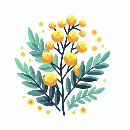 Mimosa flowers with leaves. Vector illustration in flat style.のイラスト素材