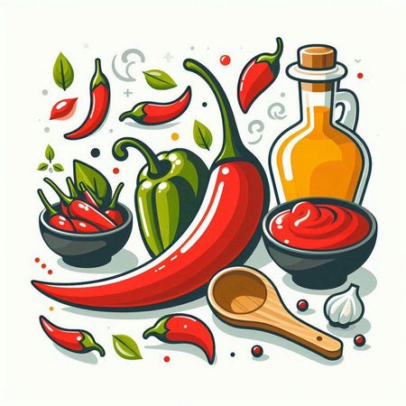 Hot chili peppers, olive oil, spices and herbs. Vector illustrationのイラスト素材