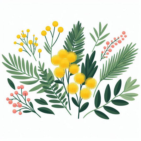 Flowers composition with mimosa branches, leaves and berries. Vector illustration.のイラスト素材