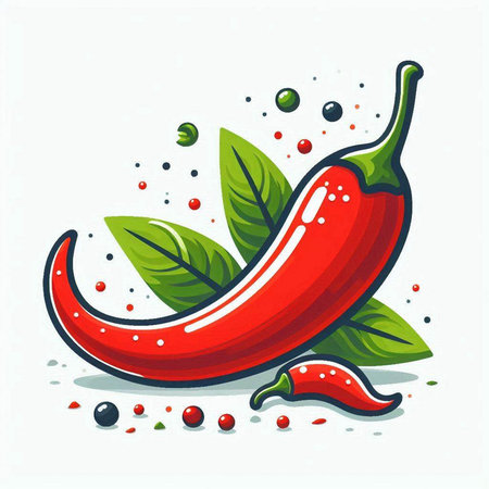 Chilli pepper with green leaves. Vector illustration isolated on white background.のイラスト素材