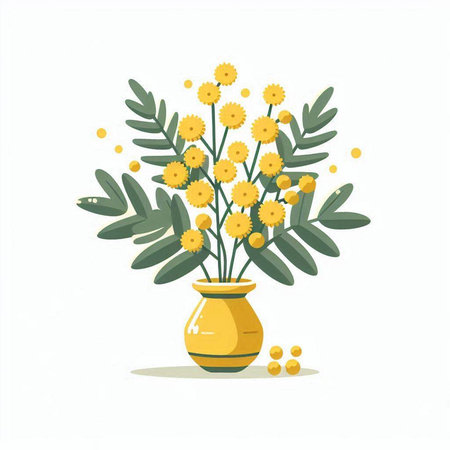 Bouquet of yellow mimosa flowers in vase. Vector illustration.のイラスト素材