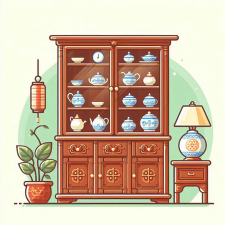 Cupboard with cups and candlesticks. Vector illustration.のイラスト素材