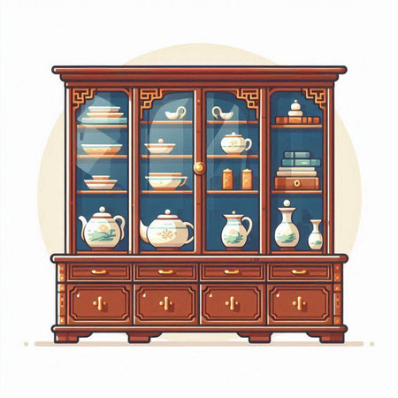 Antique cupboard with dishes. Vector illustration in cartoon style.のイラスト素材