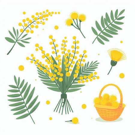 Set of mimosa flowers and basket isolated on white background. Vector illustration.のイラスト素材