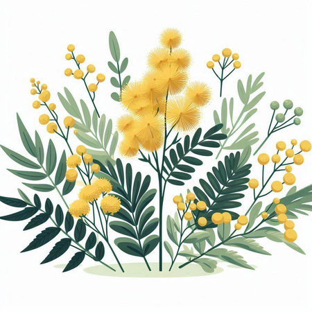 Greeting card with mimosa flowers and leaves. Vector illustration.のイラスト素材