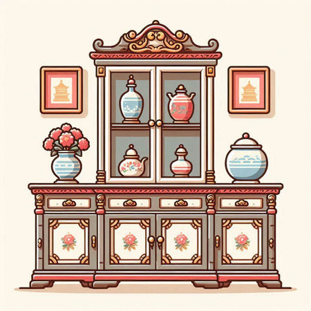Vintage cupboard with porcelain dishes. Vector illustration.のイラスト素材
