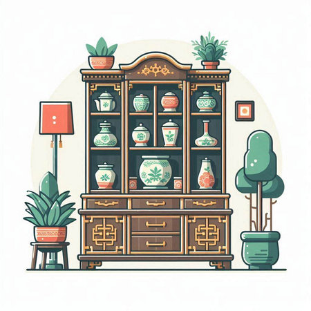 Cabinet with vases and books. Vector illustration in flat styleのイラスト素材