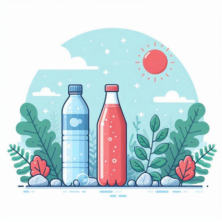 Plastic bottles of water. Vector illustration in flat cartoon style.のイラスト素材