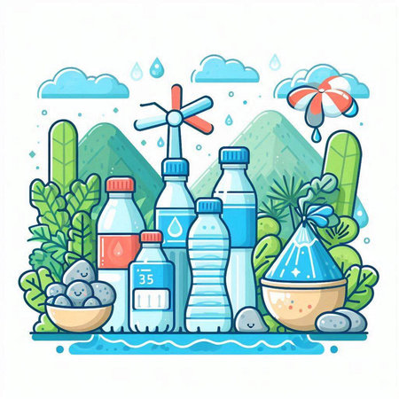 Vector illustration with different types of water in bottles and containers on the background of mountains.のイラスト素材