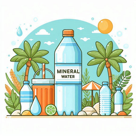 Vector illustration of a bottle of water on the background of palm trees.のイラスト素材