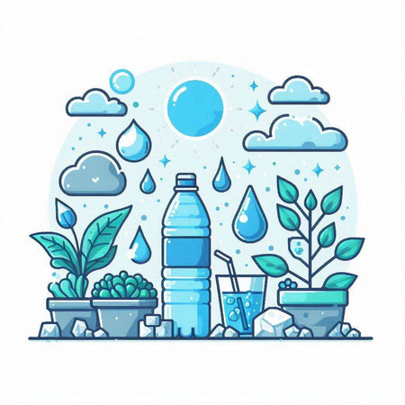 Plastic bottle of water in flat style. Vector illustration of a plastic bottle with a drinking straw.のイラスト素材