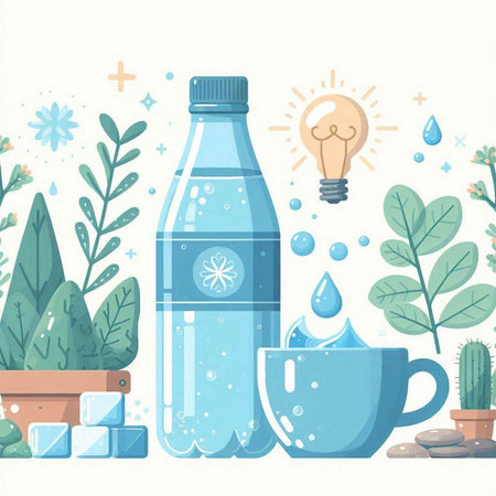 Illustration of water bottle, cup, light bulb and plant.のイラスト素材