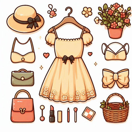 Vector set of women's clothing and accessories. Illustration of a dress, hat, bag, cosmetics, perfume, handbag.のイラスト素材