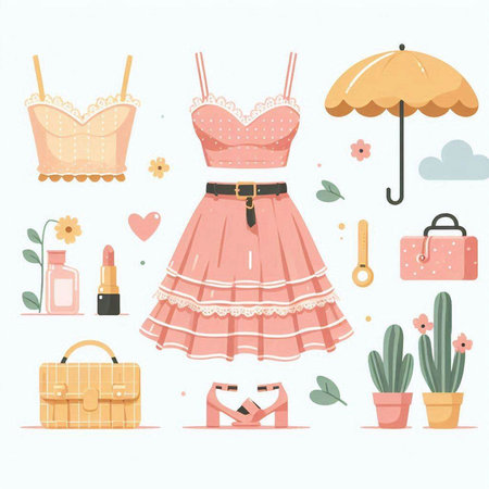 Women's clothing set. Vector illustration in flat style. Lingerie, shoes, bag, umbrella, flowers, perfume.のイラスト素材