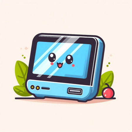 Cute cartoon computer monitor with fruits and leaves. Vector illustration.のイラスト素材