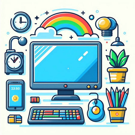 Vector illustration of computer, mobile phone, office supplies, computer monitor, keyboard, mouse, clock, coffee cup, alarm clock, light bulb, briefcase, alarm clock, flower pot.のイラスト素材