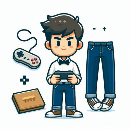 Boy playing video games on white background. Vector illustration for your designのイラスト素材