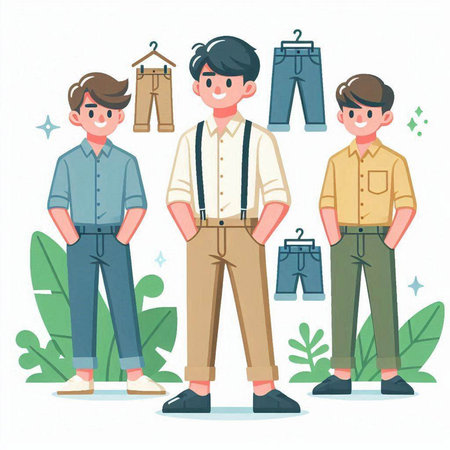 Men in casual clothes. Men in jeans, shirts and suspenders. Vector illustrationのイラスト素材