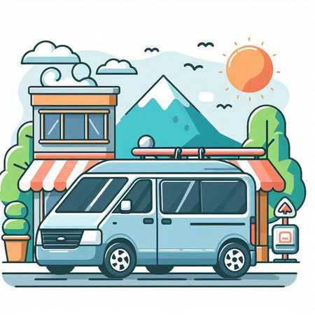 Camping van with mountains and sun in the background. Vector illustration.のイラスト素材
