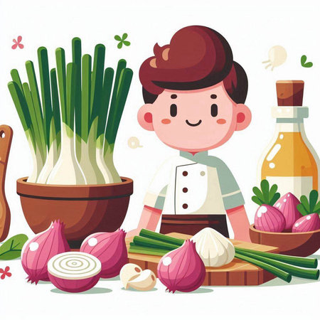 Vector illustration of a cartoon chef with fresh onions, garlic and olive oil.のイラスト素材