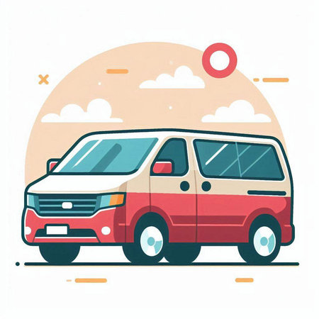 Vector illustration of red van on white background with sun and clouds.のイラスト素材
