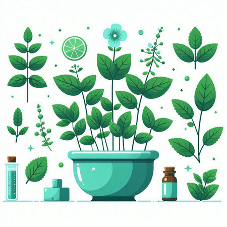 Flower pot with herbs and essential oil. Vector flat illustration.のイラスト素材