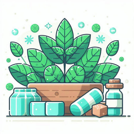 Plant in a pot with tablets and capsules. Vector illustration.のイラスト素材